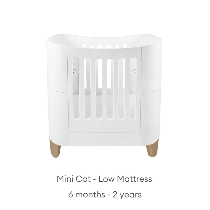 Gaia Baby Serena Mini Cot with Natural Legs - use low mattress from six months up to 2 years. Shown with natural legs.