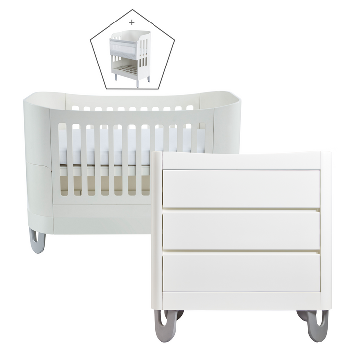 Gaia Baby Serena Nursery Furniture Room Set made from sustainably sourced FSC birch wood in white. Includes cot bed, co-sleeping crib and dresser