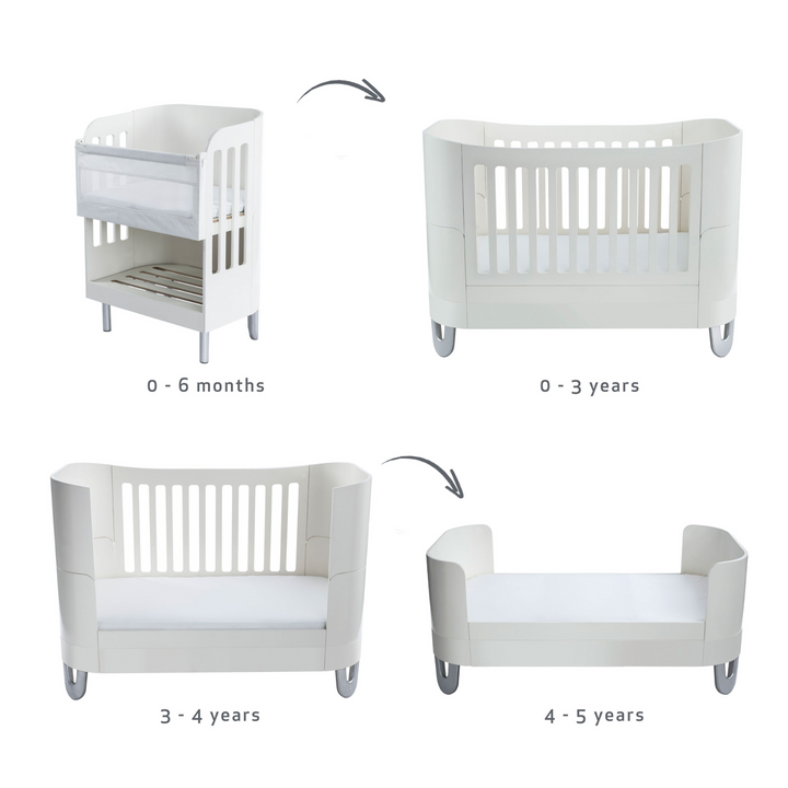 Gaia Baby Serena Nursery Furniture Room Set made from sustainably sourced FSC birch wood in white. Includes cot bed, co-sleeping crib and dresser